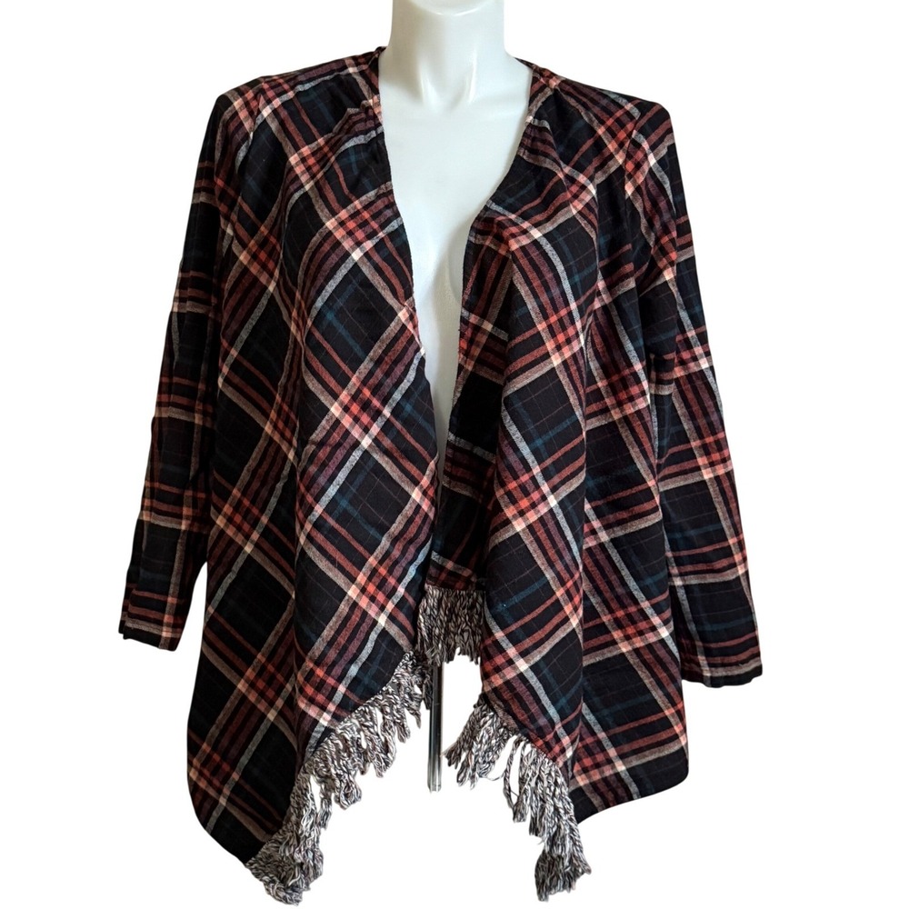 Torrid Womens Plaid Fringe Open Front Cardigan Kimono Flannel Size 0 M/L